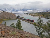 CN 2919-303, with mid-train DPU 2868 passes Windy Point at mile 220 on the CN's Edson Sub in Jasper National Park. Temperature was 1°C and a little snowy.