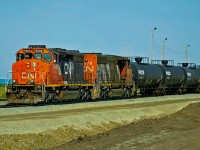 Switching duties on the Fort Saskatchewan Industrial Lead this afternoon were in the hands of a pair of SD40-2(W)s, Cn 5349 and CN 5276.  Seen here arriving at Scotford pushing their cars back into the yard.Yard