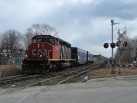 A widecab SD40-2 leads the test train that is about to pound the CP connecting track diamond testing the Weston Sub all the way to Halwest. So much of this area has changed, the diamonds at West Toronto are no more and the Weston Sub now owned by Metrolinx goes under the CPR and this crossing.