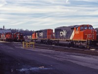Once again, the trip to the Stuart Street diesel shop has been fruitful. On this morning in December 1994, I caught SD40-2Ws 5362 and 5314 in the short-lived "CN North America" paint scheme (phased out when CN privatized), a pair of SW1200RS' (7307 behind the SDs, and 1388 wearing the "switcher" version of the CN North America scheme), an unidentified "SWeep", GP9RM 4110 and another GP9 rebuild, and a van.