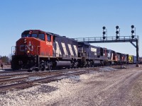 Having caught this train near Copetown, I quickly headed over to Paris for a second shot. Consist is CN GP40-2LW 9449, leased NS C30-7 8035, GTW GP40-2 6423, SW1200RSu 7311, and GP9u 4123.