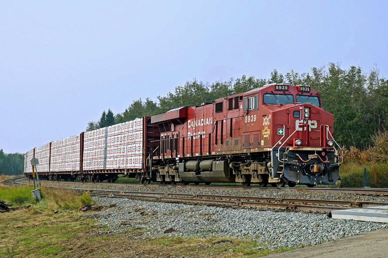 ES44AC CP 8939 carrying a crest honoring the Lord Strathcona's Horse Royal Canadian Armoured Regiment of the Canadian Forces is the rear DP on this southbound freight.