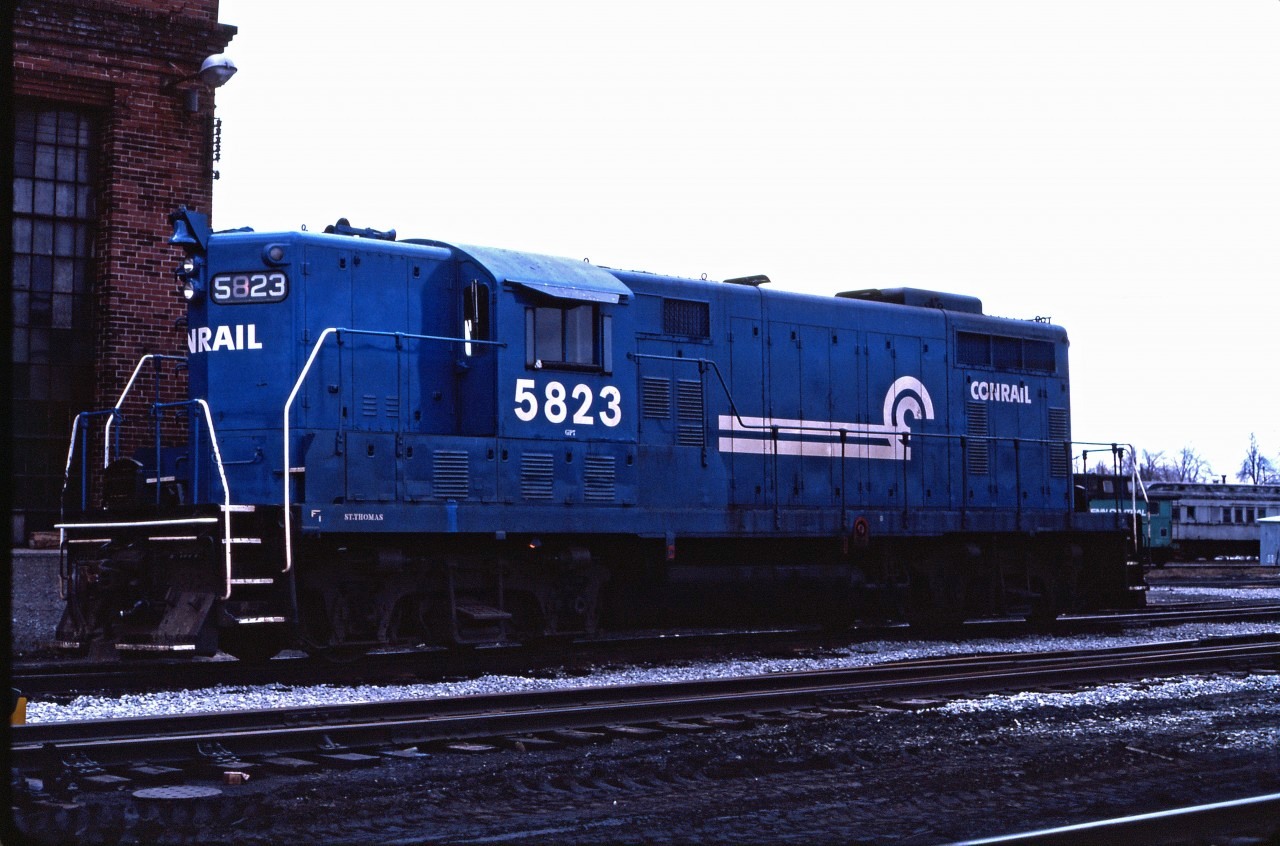 By the late 1970s, St. Thomas had become a quiet railroad town. For a railfan based in Hamilton, the game plan was to drive down to the Cayuga sub and try to pick up the N&W while driving west to St. Thomas. Shoot whatever was in town at the C&O and CASO (now Conrail), drive up to London to see what was at Quebec Street (remember, CP was a bit different for Hamilton fans back then) and finally hang out on CN and maybe see some trains in the new VIA paint.

Unfortunately, April 15, 1978 was a very dull day. However, a GP7 in full Conrail paint was still a nice catch two years after Conrail start-up.
