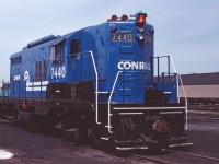 They must have been independent types at the St. Thomas backshop, coming up with their own version of the Conrail "blue" paint scheme. Several units received this version of paint, before more senior officers in the States put an end to this practice.

This unit was formerly NYC 6040 and PC 7440, originally equipped with a steam generator as a back-up unit for the passenger trains operating on the Canada Division. She was delivered in April 1957.