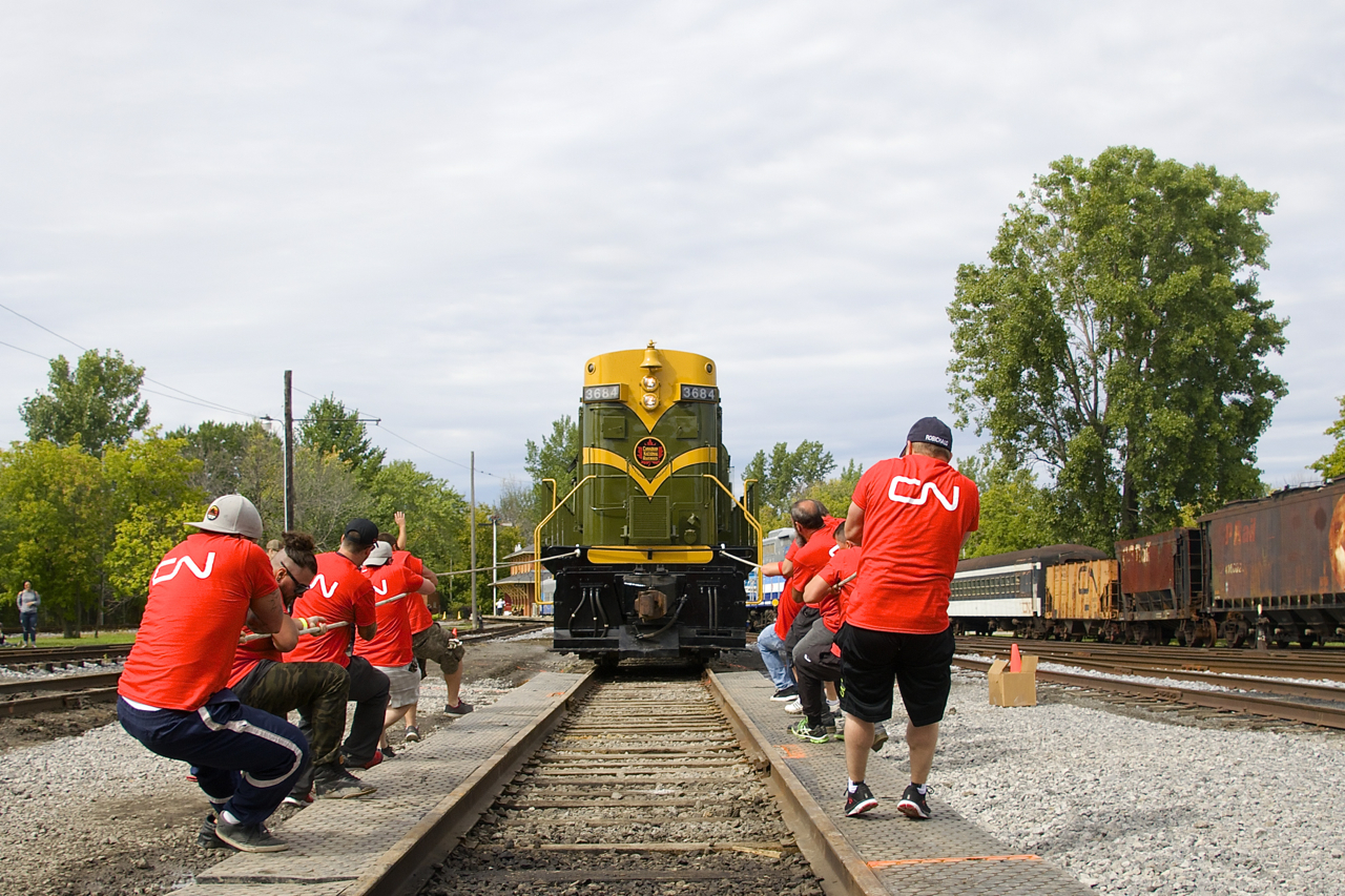 To raise money for the Special Olympics, CN helped organize the 'steel challenge' at Exporail today, where teams of twenty people competed to see who could pull MLW RS-18 CN 3684 the furthest. Here one of the CN teams gives it a go.