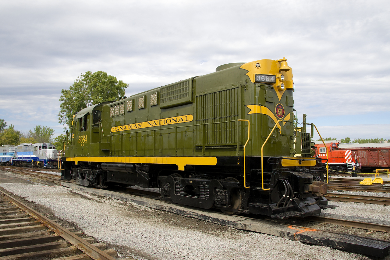After being used in the 'steel challenge' at Exporail (where teams of twenty people competed to see who could pull it the furthest), MLW RS-18 CN 3684 is parked, with GP9's AMT 1311 & CP 1608 seen on either side of it. While the RS-18 was a popular and long-lived model in Canada, it can't compare to the GP9 in terms of number of units produced and for longevity on Class I railways.