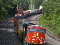 CN 3822 is nearly brand new as it leads Toronto-Halifax stack train CN 120, with CREX 1506, CN 8879 & CN 8916 trailing. 