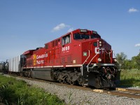 Rebuilt GE CP 8000 leads CP 650 through St-Mathieu. This loaded ethanol train has CP 8861 on the rear as it makes its way towards Rouses Point, NY, where an American crew will get onboard. Of note is that CP 8000 is riding on steerable trucks, something found on some of the 8000-series rebuilds, but not on any of the 8100-series rebuilds as far as I know.