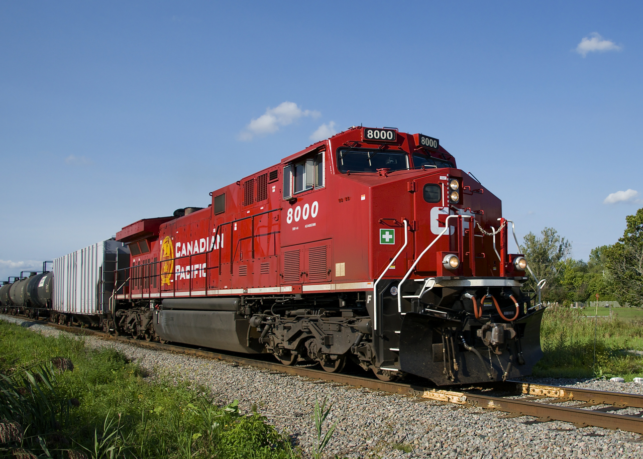 Rebuilt GE CP 8000 leads CP 650 through St-Mathieu. This loaded ethanol train has CP 8861 on the rear as it makes its way towards Rouses Point, NY, where an American crew will get onboard. Of note is that CP 8000 is riding on steerable trucks, something found on some of the 8000-series rebuilds, but not on any of the 8100-series rebuilds as far as I know.