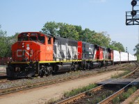 CN 580 returns to the yard in Brantford with 9 loads of drywall from the CGC plant west of Caledonia on the Hagersville Sub.  They departed Brantford around 10 a.m. and told the RTC they would be 3 hours.  Their estimate was right on as they got back just before 1 p.m.  580 is a whole lot more interesting to photograph now that CN is back operating the majority of the Hagersville Sub.  Thanks Jimmy G. for the heads up.