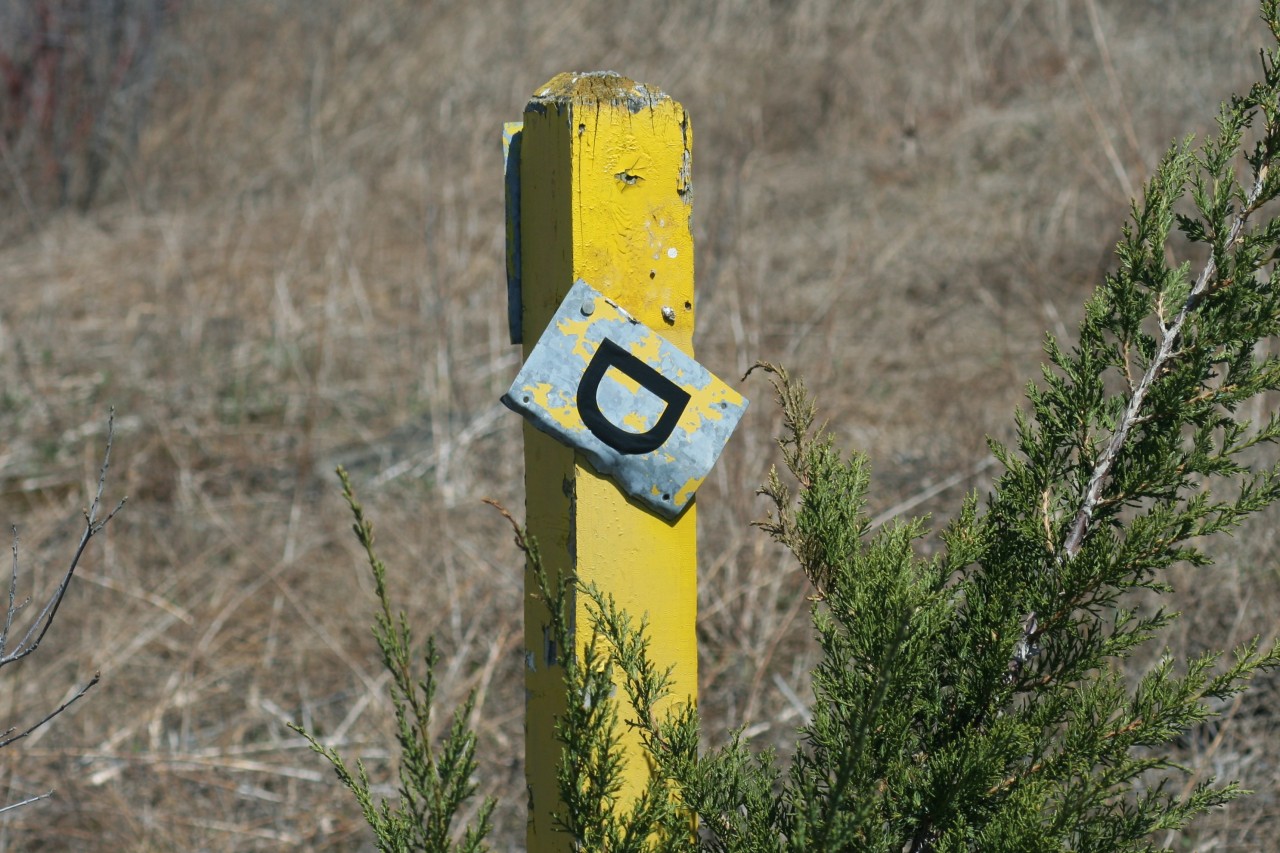 An aging former CN “Derail” marker still protects the dormant section of the Galt Industrial Spur in Cambridge, Ontario. As Goderich-Exeter Railway operations cease to exist in Cambridge this November, this section of trackage will once again revert back to CN, even though it is unlikely a CN train will ever roll by this derail sign again.