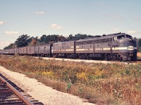 A pair of E-units are eastbound at Canfield Jct.  The track in the foreground is the CN Cayuga Sub.  If you were lucky, you could catch an N&W on the CN tracks with the familiar to railfan N&W locos which remained in Canadian service.  