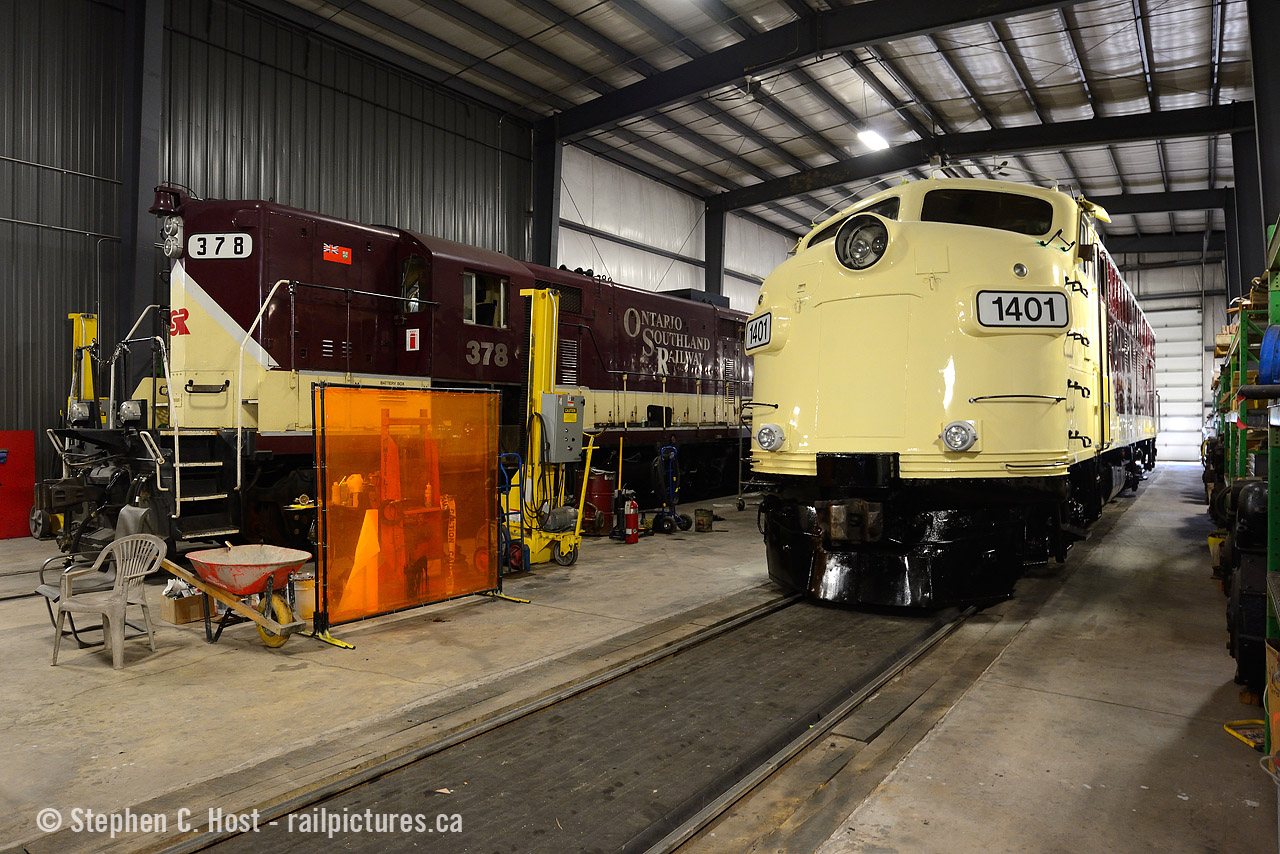 And now there are two: Ontario Southland Railway 6508 now has a matching sister in the OSR's corporate paint scheme. Just days from completion, 1401 is shown without the nose logo and some final details which were not applied in this mid September view. On September 25 (Today) OSR released 1401 to the wild paired with 6508. Expect the flood of fans to converge on Salford in the coming weeks :) Photo taken with permission of OSR but held back until 'release date' by request of the OSR team.