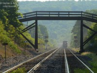 Signal 426: Restricting.  Framed in an old wooden farm bridge, Sentinels stand guard on the double track CP Galt Subdivision as train 650 heads east on the south track. The north track displays this aspect by default when no trains are lined. Curious if anyone knows if there is any actual meaning in this case.