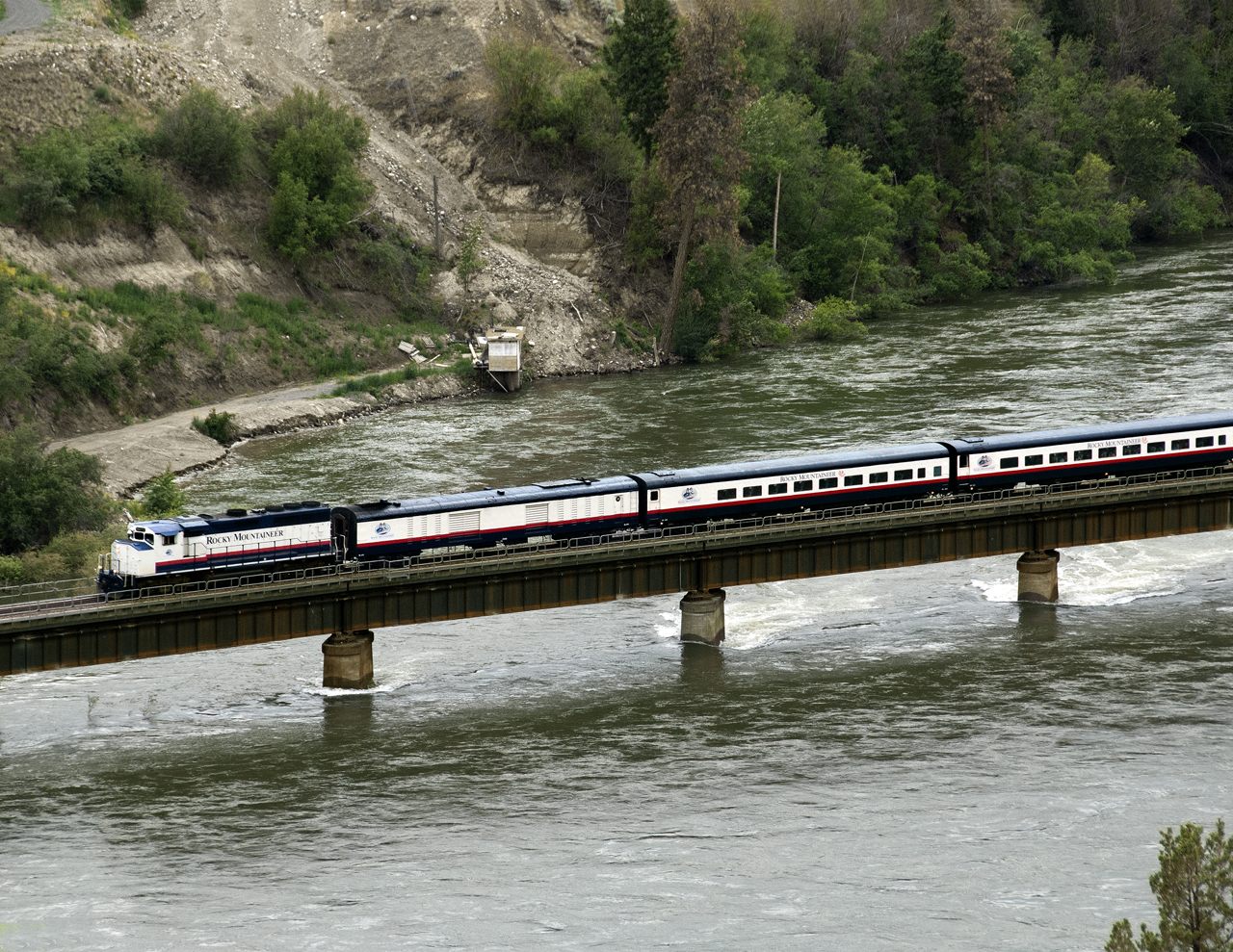 The eastbound Rocky Mountaineer crosses the Thompson River just west of Walhachin siding on the CN
