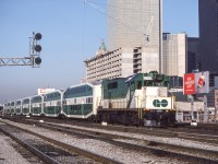 GO 507 is eastbound from Toronto Union Station on March 23, 1982.