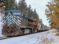 CEFX 1057, and KCS 4795 lead an empty CP grain train through a snowy fall scene in Calgary, AB.