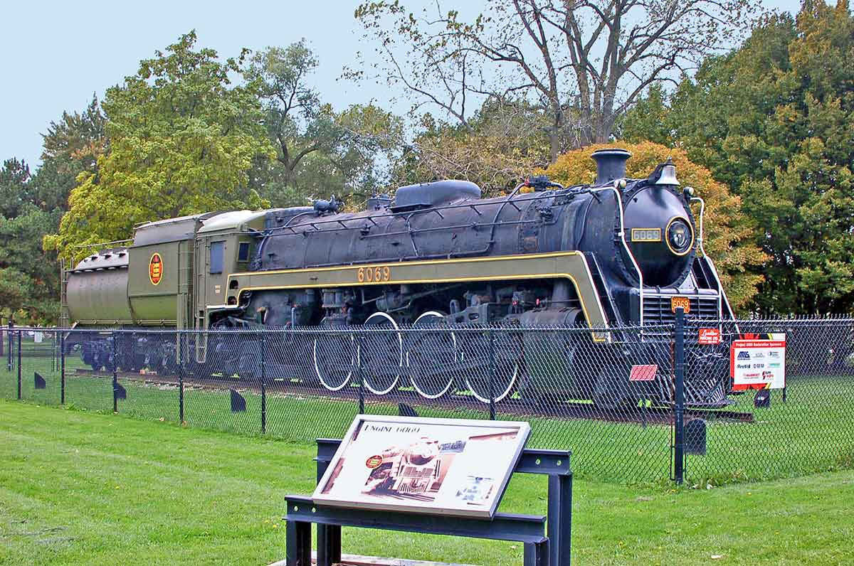 Canadian National Railway class U1f 4-8-2 Mountain-type steam locomotive #6069 on display at Centennial Park in Sarnia, ON. Built in 1944 by MLW, with 73 inch drivers & 52,315 pounds of tractive effort. This photo is from the latest trip my wife & I took on VIA Rail's train 87 to Sarnia, ON. For more pics from this trip see my website at http://northamericabyrail.info/a-trip-on-via-rails-train-87-toronto-on-sarnia-on/
Cheers, Pete