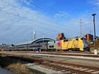 VIA 906, sporting the new Poppy scheme, readies for departure with Windsor-Toronto train 76.