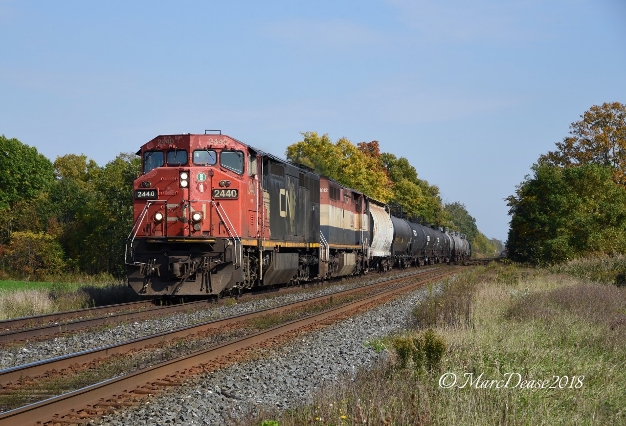 CN 2440 with BCOL 4612 and a short cut of cars cross Stewardson Sideroad just east of Wyoming, ON., bound for Sarnia.