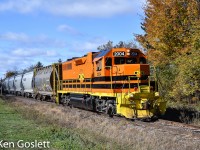 Quebec Gatineau's tri-weekly train eastbound at Lachute on a sunny October morning.