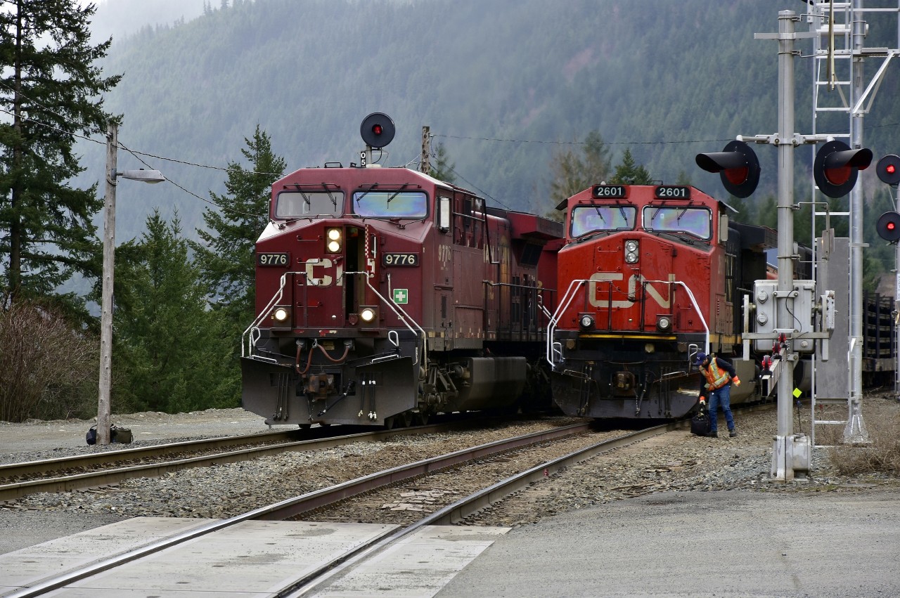 "Directional running" in this area means that CN and CP trains are often seen together. CP 9776 is about to head east out of North Bend in charge of a coal train, while CN 2601 takes on a fresh crew.