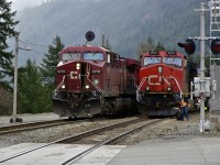 "Directional running" in this area means that CN and CP trains are often seen together. CP 9776 is about to head east out of North Bend in charge of a coal train, while CN 2601 takes on a fresh crew.
