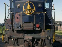 The front end of B&O GP38 4807, one of the many units power-shot CP had on lease in the 80's, sitting near the TH&B Chatham Street roundhouse in Hamilton. Some of these units were used on CP's steel train.