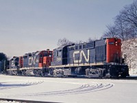 <b>1-2-1</b>  First generation, second generation, first generation diesels are lashed up here on train 396.  4000 is one of two GP-35's on CN that were built in 1964.  The 3108, an MLW RS-18 was built in 1959.  