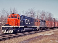 CN 5035 is still relatively clean albeit a recent addition to CN's roster.  The trailing unit, 4001 is one of two CN GP35's built in 1964 to grace CN rails.     