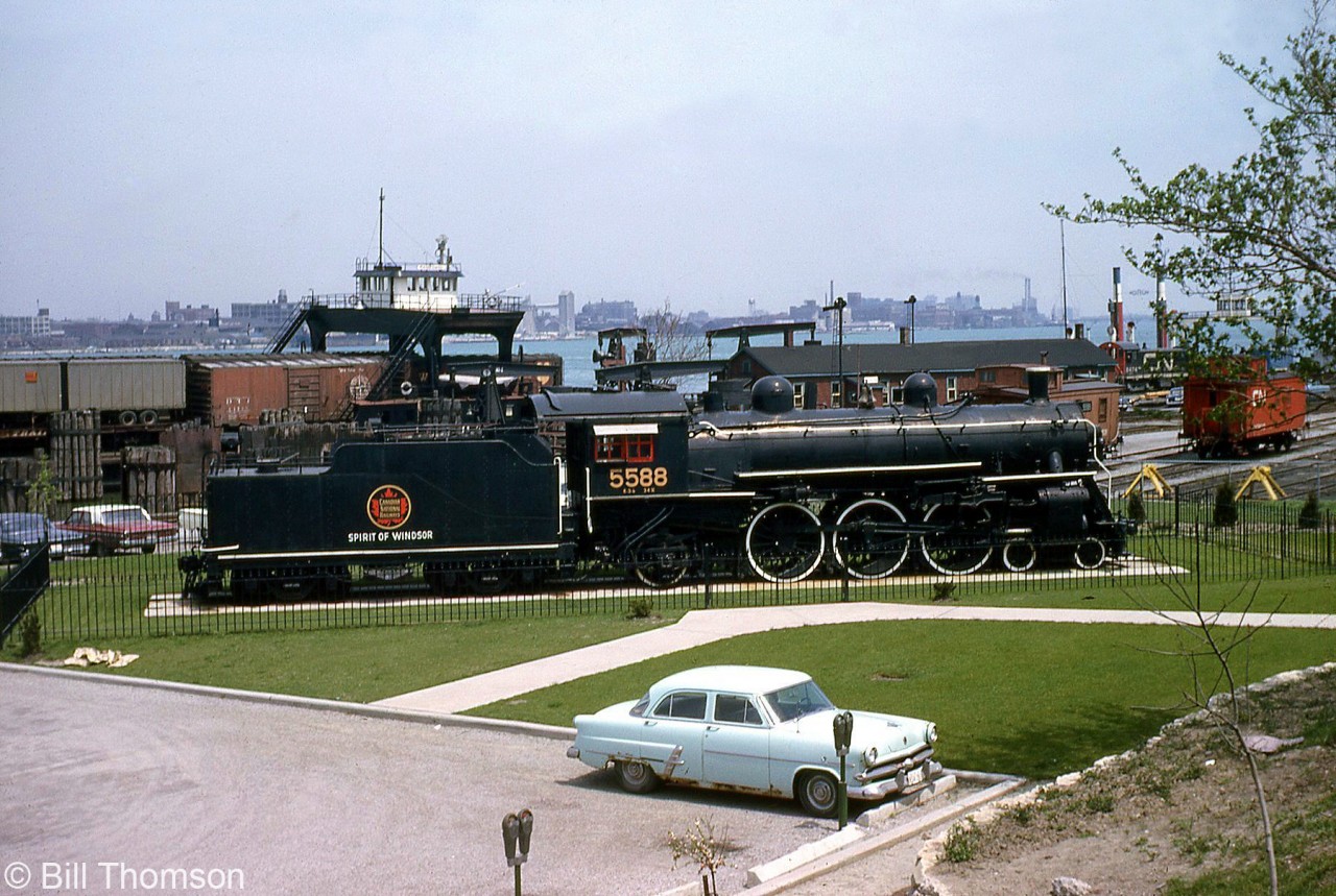 CN Pacific 5580 (a K3b built by the GTR in 1911) is shown on display at Riverside Park in Windsor back in May 1964, where it still resides on display today. In the background, one can see part of the old Wabash (later Norfolk Southern) rail ferry operation that operated between Windsor and Detroit until April of 1994, when the higher dimensional freight cars being ferried could now take the newly enlarged Detroit River Tunnel (remnants of the ferry docks remain as well).