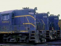 C&O Geeps 5954, 5763, and 6197 line up at St. Thomas awaiting their next assignments, all part of C&O's large family of GP7/GP9 units.