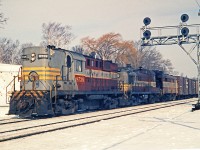 Typical of CP, throw together whatever power you can find and send them on their way.  CP 8739, an MLW RS18, leads a hodge lodge of power on what I have documented as the westbound Starlight at Bayview Jct.  Quite often, the Starlight's power would be three TH&B Geeps or three of the four NYC locos, 7429, 7430, 7431 and 5820. 