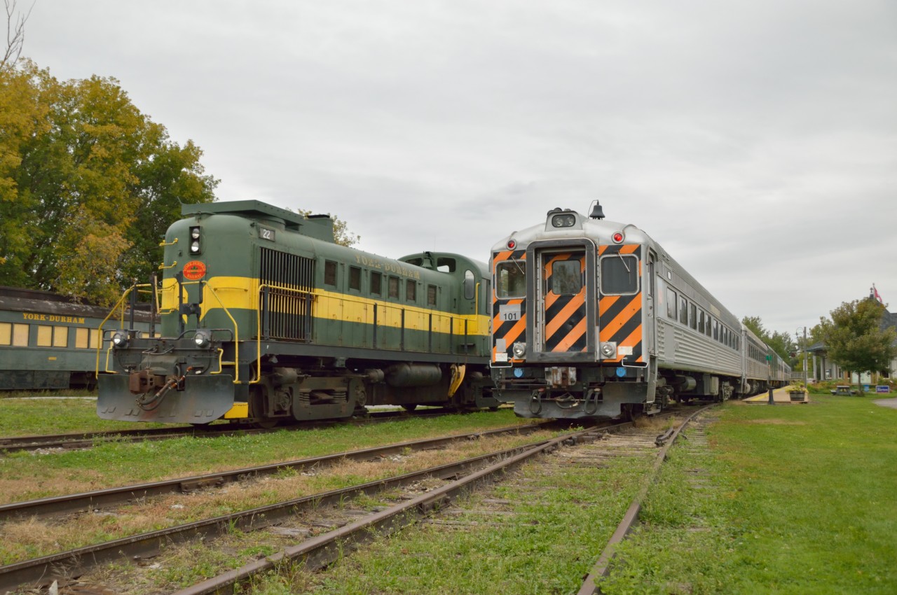 The York Durham Heritage Railway provides a wonderful scenic trip between Uxbridge and Stouffville with it's vintage coaches of CN/VIA and ONR heritage, as well as the "Boise Budds" from the now defunct Guelph Junction Express train.  Powering these trains is a fleet of 3 ALCO/MLW products; an RS11 and 2 RS3's.  Here the train has just arrived from Stouffville with a packed train behind RS11 3612.  RS3 22, their secondary unit, is seen parked in the siding at the operation's main yard which is full of vintage rail equipment, some dating back to 1918/1919.  Second RS3 1310 remains out of service at the north end of the depot.