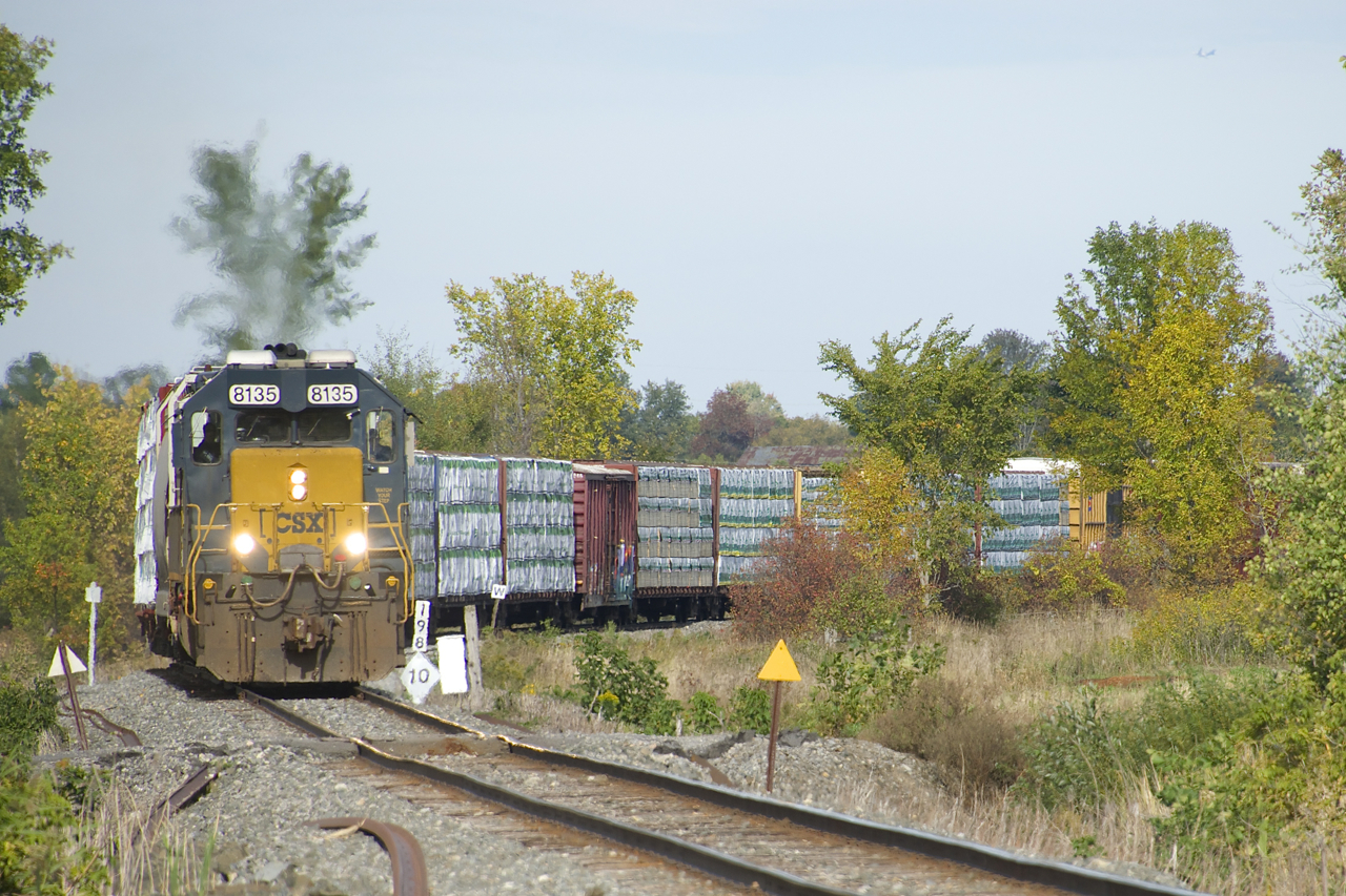 CN 327 is picking up speed after going through the Huntingdon yard limits at the required 10 mph a mile or two back. It is passing MP 198 of CSXT's Montreal Sub, which warns northbound trains of this speed restriction. CSXT 8135 (an SD40-2 built as LN 8135 in 1981) is the sole power, with only 29 cars behind it.