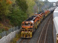 On your typical dark fall afternoon/evening, GEXR 431 stalled on the grade up to Georgetown. X580 was called to the rescue the 324 car train from the Halton,