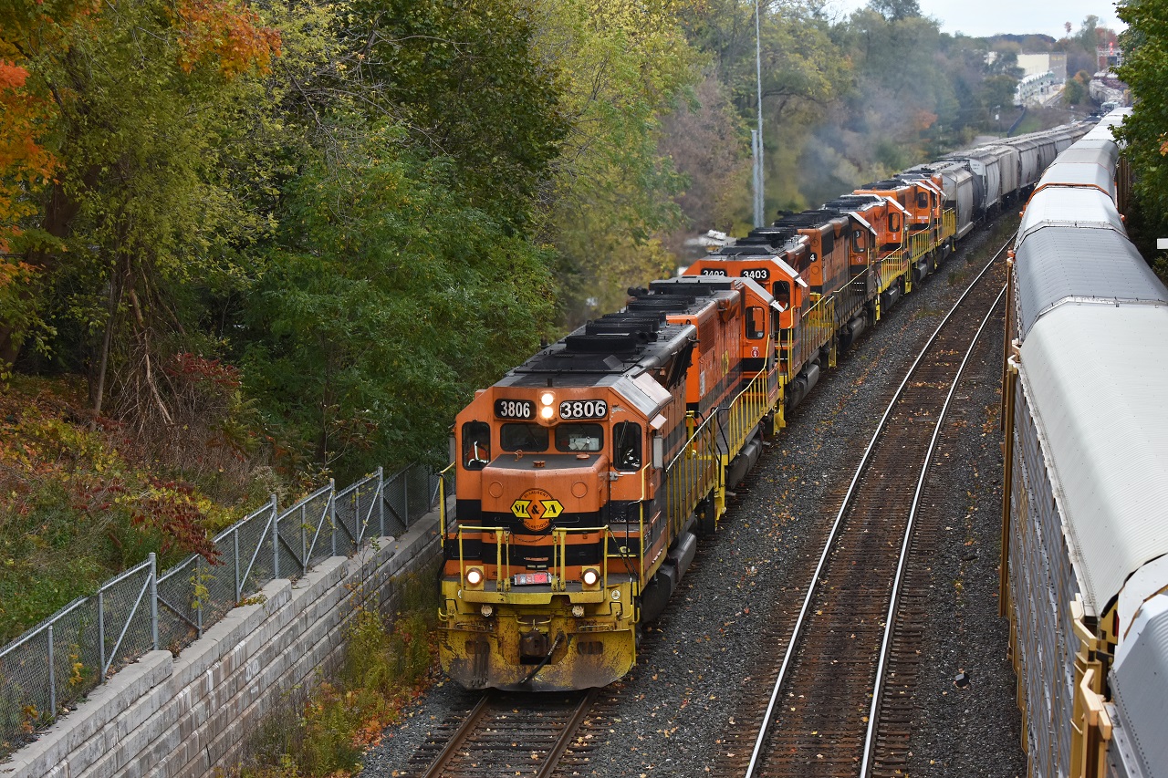 On your typical dark fall afternoon/evening, GEXR 431 stalled on the grade up to Georgetown. X580 was called to the rescue the 324 car train from the Halton,