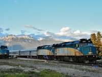 <br> 
<br> 
....it's a beautiful evening...
<br> 
<br> 
...to be train watching in Jasper....
<br> 
<br> 
...and not a CN unit in sight...
<br> 
<br> 
VIA #1 is two hours late departing Jasper station,  
<br> 
<br> 
Tuesday September 18, 2018 at 20:30; image by S.Danko at Jasper Alberta
<br> 
<br> 
what's interesting
<br> 
<br> 
the quite noticeable haze remains, evidence of the  summer 2018 severe forest fire season – on this day  the fires continue to burn in northeast British Columbia
<br> 
<br> 
 Sept 18 at 20:00 VIA equipment (perhaps standby for Wednesday's VIA #5 ) at the VIA Jasper service cabin back track from east (end of track) to west:
<br> 
8133 at end of track, coach in same location as prior week
8613 Baggage
8123 coach
6441 F40PH-3 ( at idle - account the expected frosty night - facing west )
<br> 
<br>
also seen at Jasper 9 am Tuesday September 18, 2018 on Jasper Station track:
<br> 
( possible consist for train #5 departure 12:30 Wednesday )
6459 F40PH-3 ( shut down facing East)
8601 baggage
8126 coach
8511 Skyline
<br> 
<br> 
sdfourty