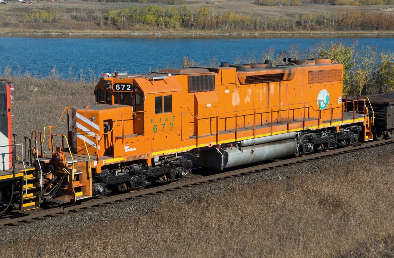 SD38-2 EJ&E 672 is seen here passing through Biggar Saskatchewan.