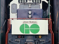 GO 606, a GP40TC, built in London in 1966, is poking its nose out of stall 35 at Spadina Roundhouse.   These units would normally be at the Willowbrook maintenance facility in Mimico. 