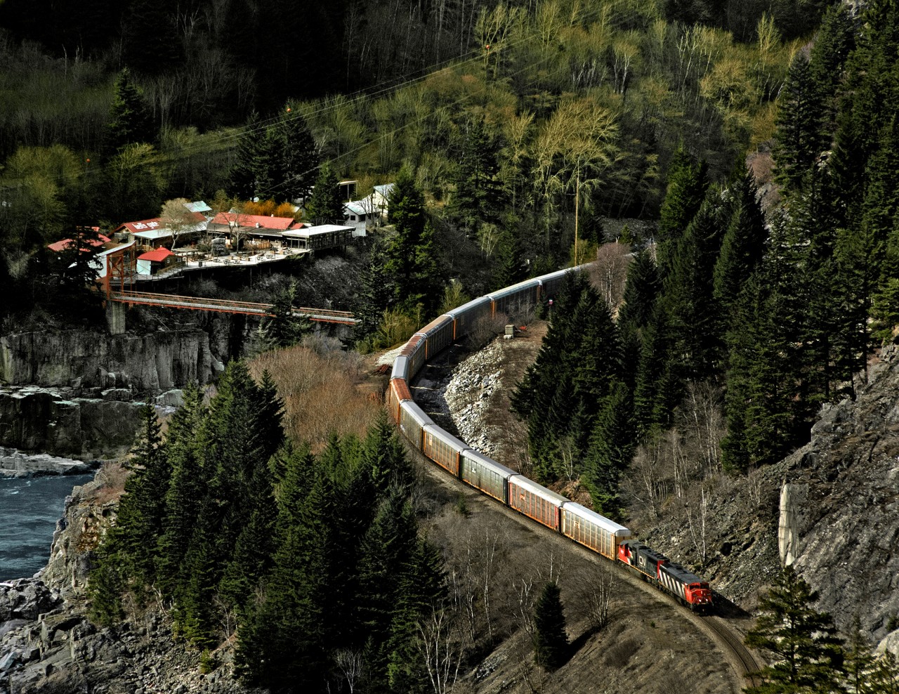 CN mixed freight 301 just out of Boston Bar passes Hell's Gate in the Fraser Canyon.The resort is accessible only by gondola