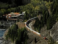 CN mixed freight 301 just out of Boston Bar passes Hell's Gate in the Fraser Canyon.The resort is accessible only by gondola