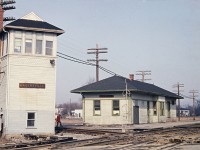 <b>The way it used to be! </b>  The double track is the old CASO Sub where NYC and C&O trains crossed the CN Hagersville Sub.  The interlocking tower and station stand in this 1968 view.  The tower has been long gone but the station was recently demolished as it was deemed structurally unsafe.  
