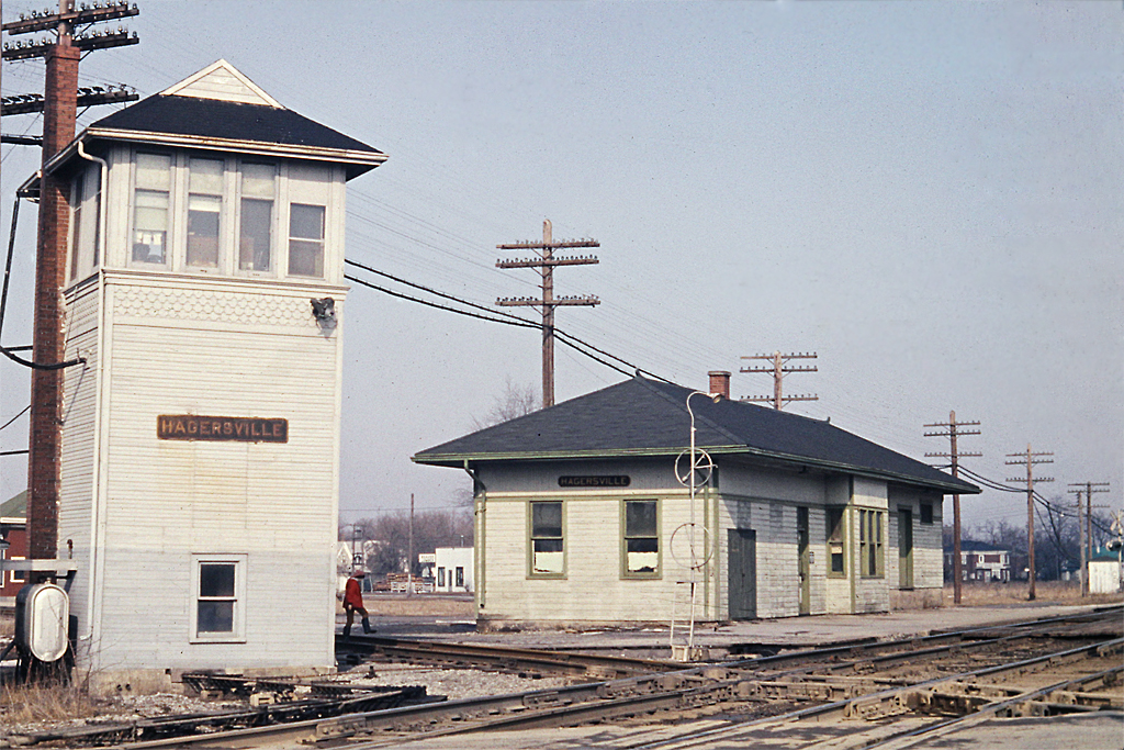 The way it used to be!   The double track is the old CASO Sub where NYC and C&O trains crossed the CN Hagersville Sub.  The interlocking tower and station stand in this 1968 view.  The tower has been long gone but the station was recently demolished as it was deemed structurally unsafe.