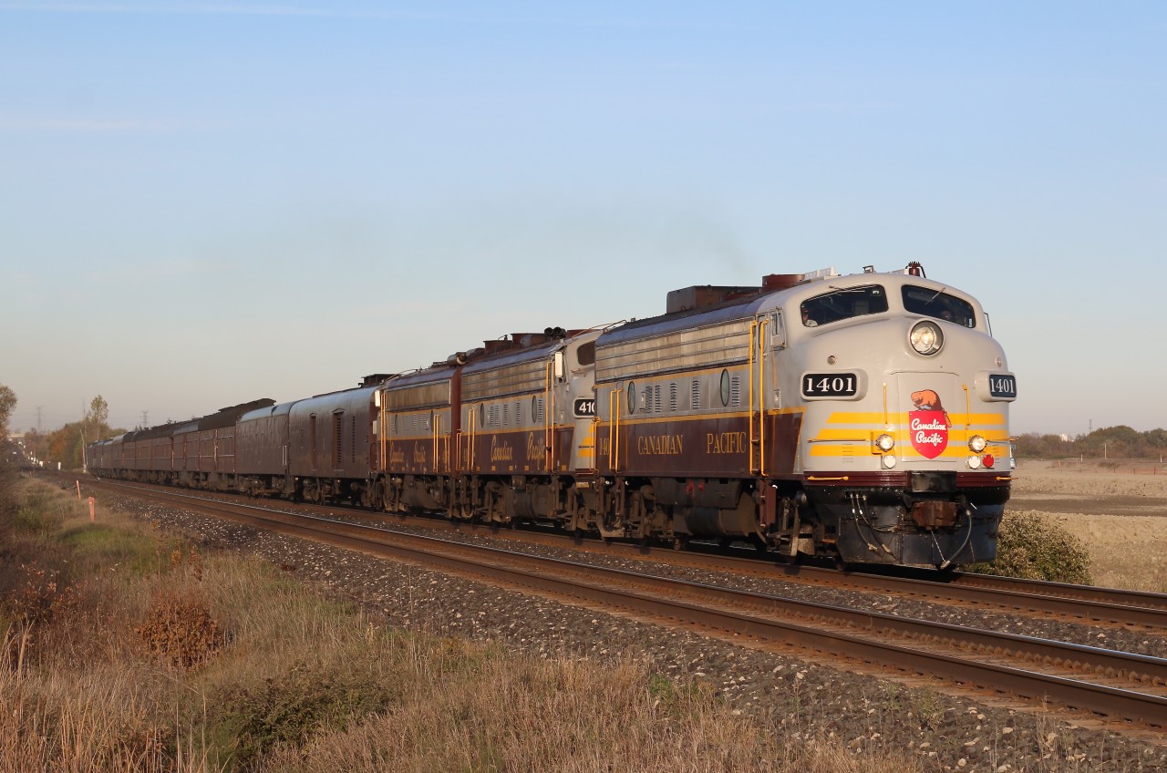 After a trip down the remains of the D&H in New York State, the CP executive train is heading back westwards towards a stop in London before moving on. The train with a trio of classic "F" units is running full tilt as it storms out of the dip at Hornby.