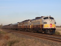 After a trip down the remains of the D&H in New York State, the CP executive train is heading back westwards towards a stop in London before moving on. The train with a trio of classic "F" units is running full tilt as it storms out of the dip at Hornby.