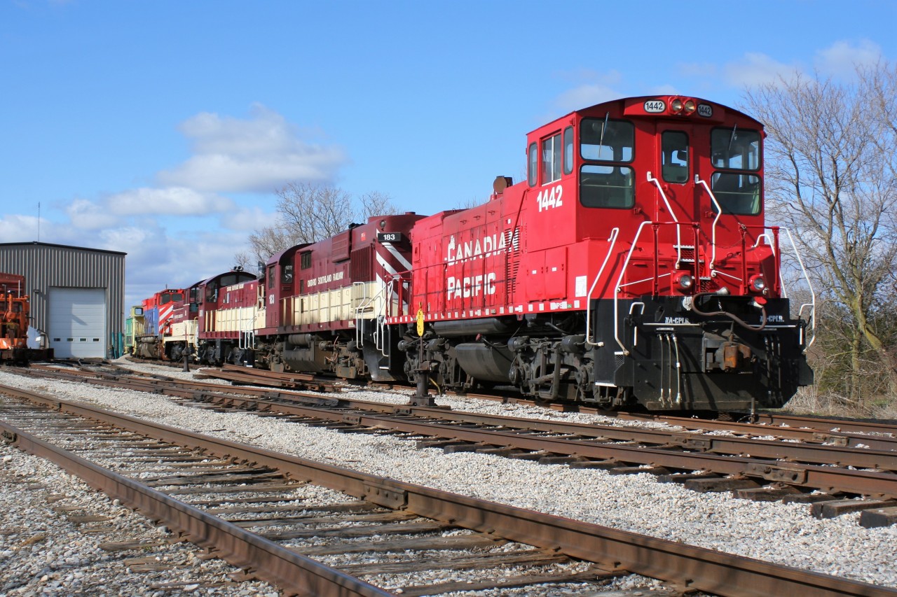 During spring 2008, Canadian Pacific sent several of their MP15AC’s and MP15DC’s to have modifications performed at Ontario Southland Railway’s (OSR) Salford, Ontario shop. These upgrades were performed by ZTR, which is a supplier and installer, if required, of parts for locomotive enhancement.  At the time, ZTR was contracted by Canadian Pacific to equip units 1440–1447 with the Smart-Start system and also a form of adhesion enhancing equipment. The work was performed in the Salford facility by ZTR with testing following by OSR on their trains at the time. Canadian Pacific interchanged the units with OSR at Woodstock. 

MP15DC 1442 is seen along with several other OSR units outside the Salford shop on a sunny spring afternoon shortly after arriving from Canadian Pacific.