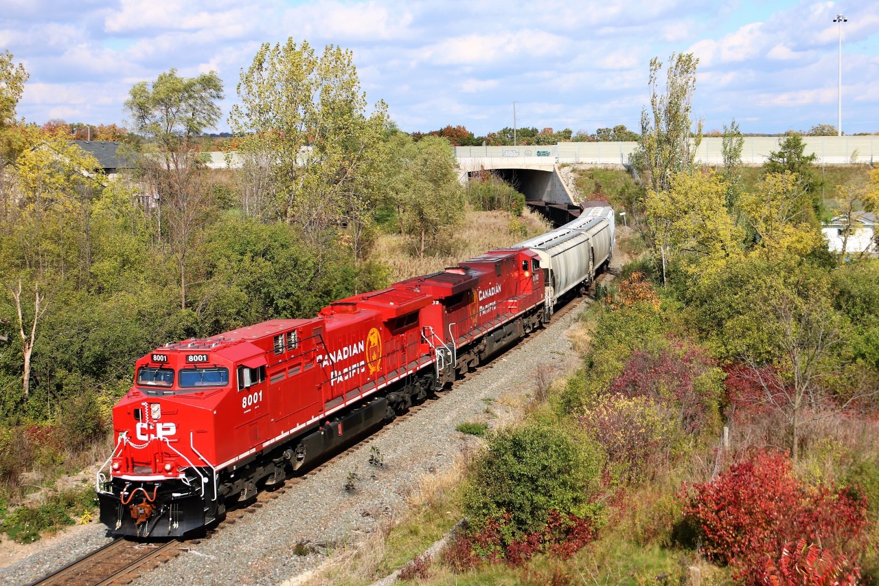 Former CP 9502 and former CP 9645, now all cleaned up and renumbered to CP 8001 and CP 8102, roll out from under highway 6 approaching the Newman Road overpass as they head down the Hamilton sub approaching Desjardins.