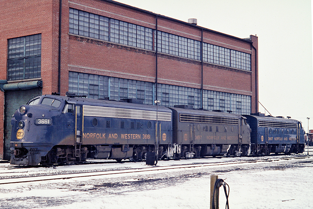 N&W 3661-3657-3667 sit beside the CN Fort Erie shops on a snow covered winter day.  There were several ex-Wabash units that were assigned to the Canadian division.  These units could be seen running through Canfield on the CN.