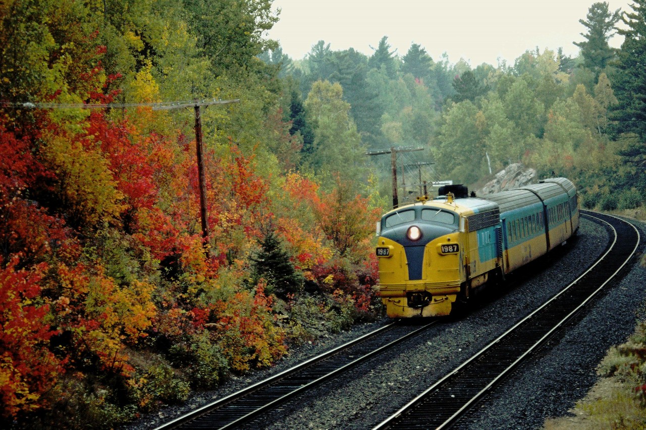 ONR Northlander Southbound in fall colours at Nipissing Junction.